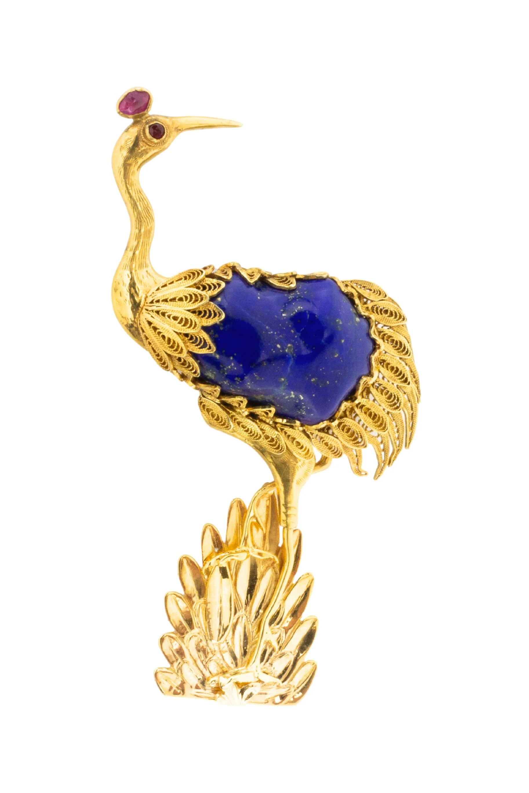 14 carat gold bird brooch with lapis lazuli, ruby and tourmaline - Image 3