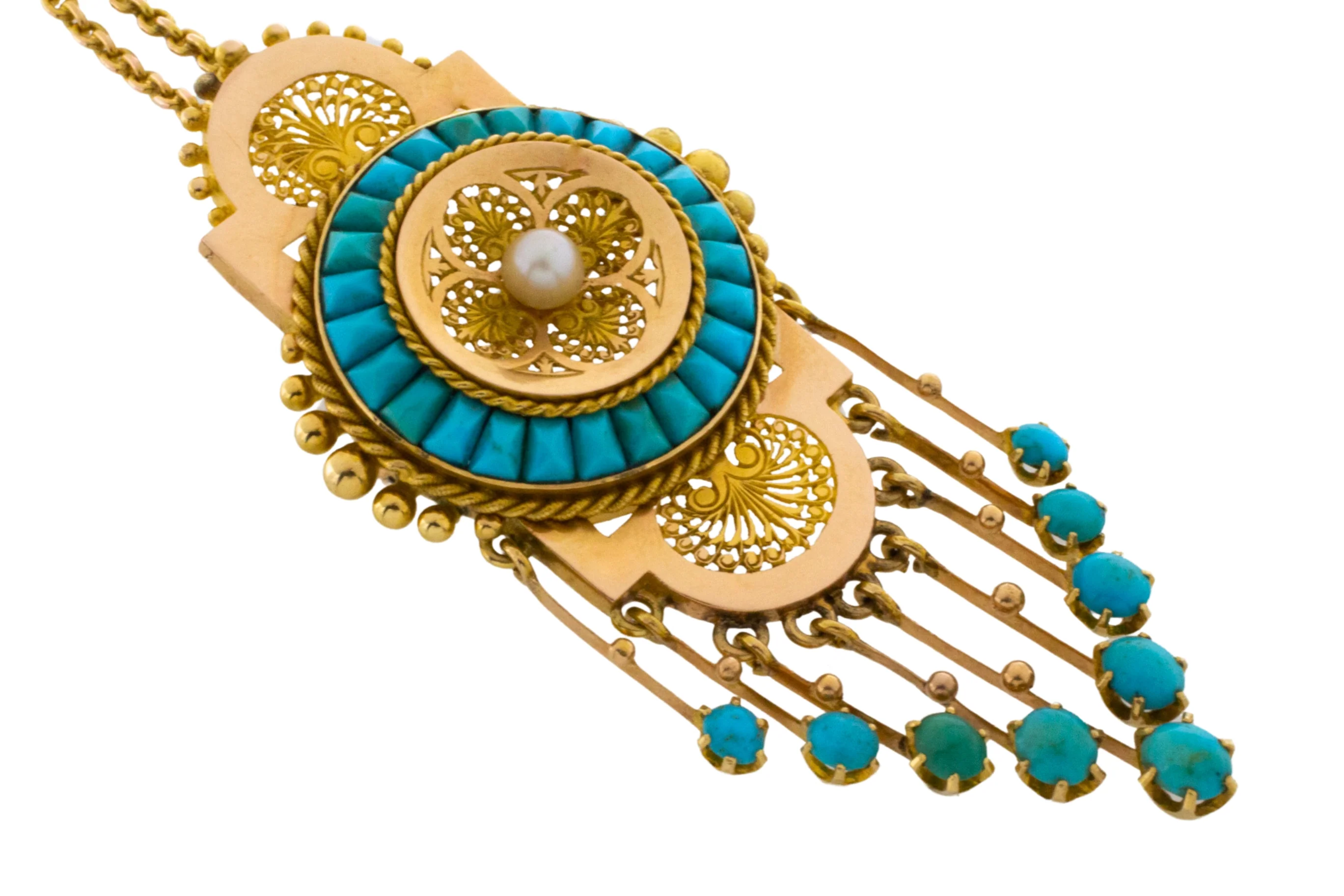 Antique 18 carat gold pendant / brooch with turquoise and a pearl - Image 3