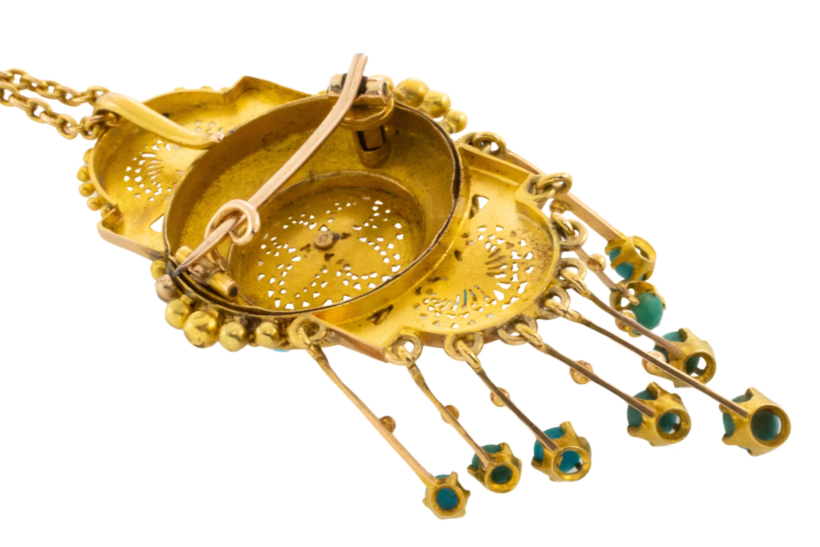 Antique 18 carat gold pendant / brooch with turquoise and a pearl - Image 4
