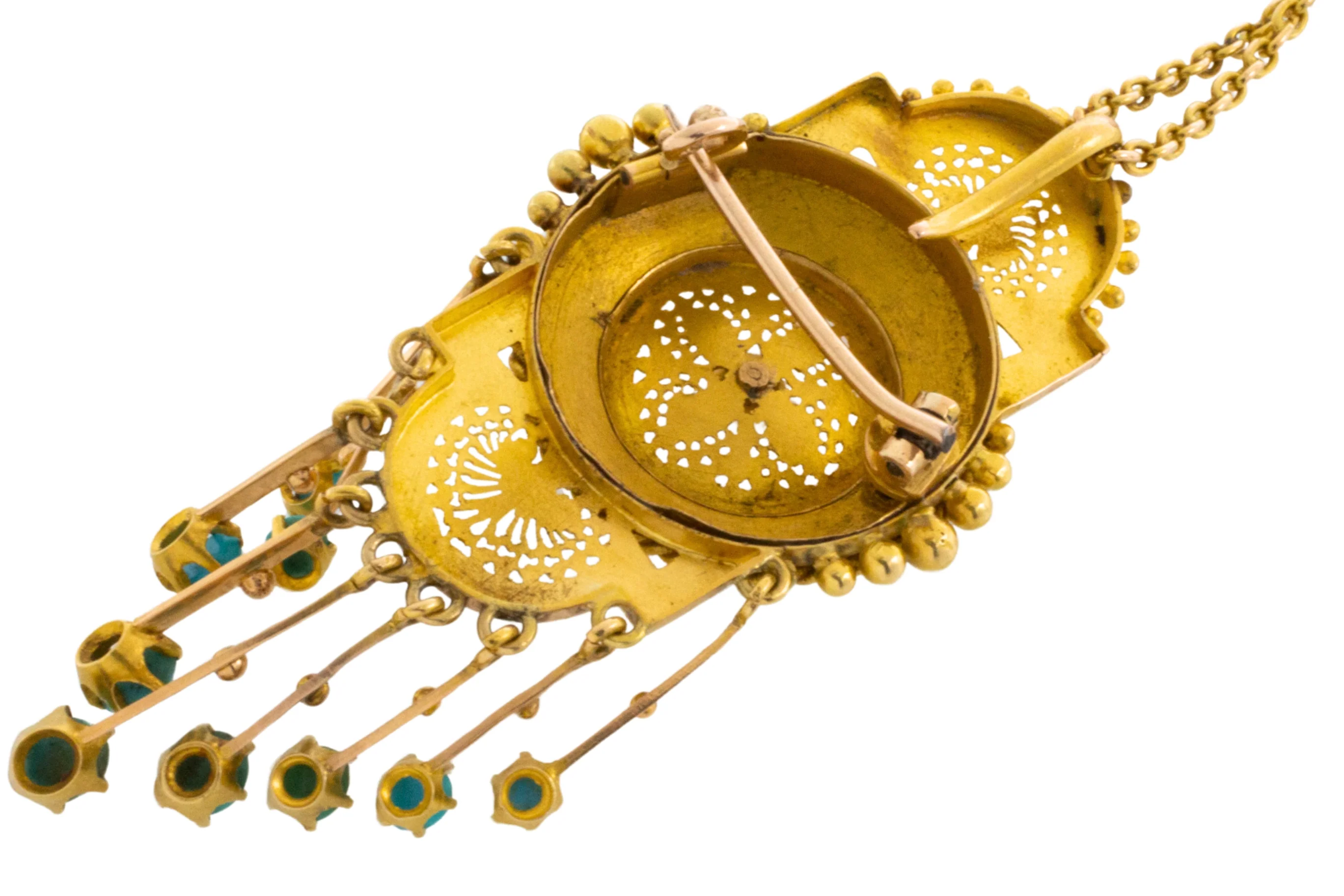 Antique 18 carat gold pendant / brooch with turquoise and a pearl - Image 5