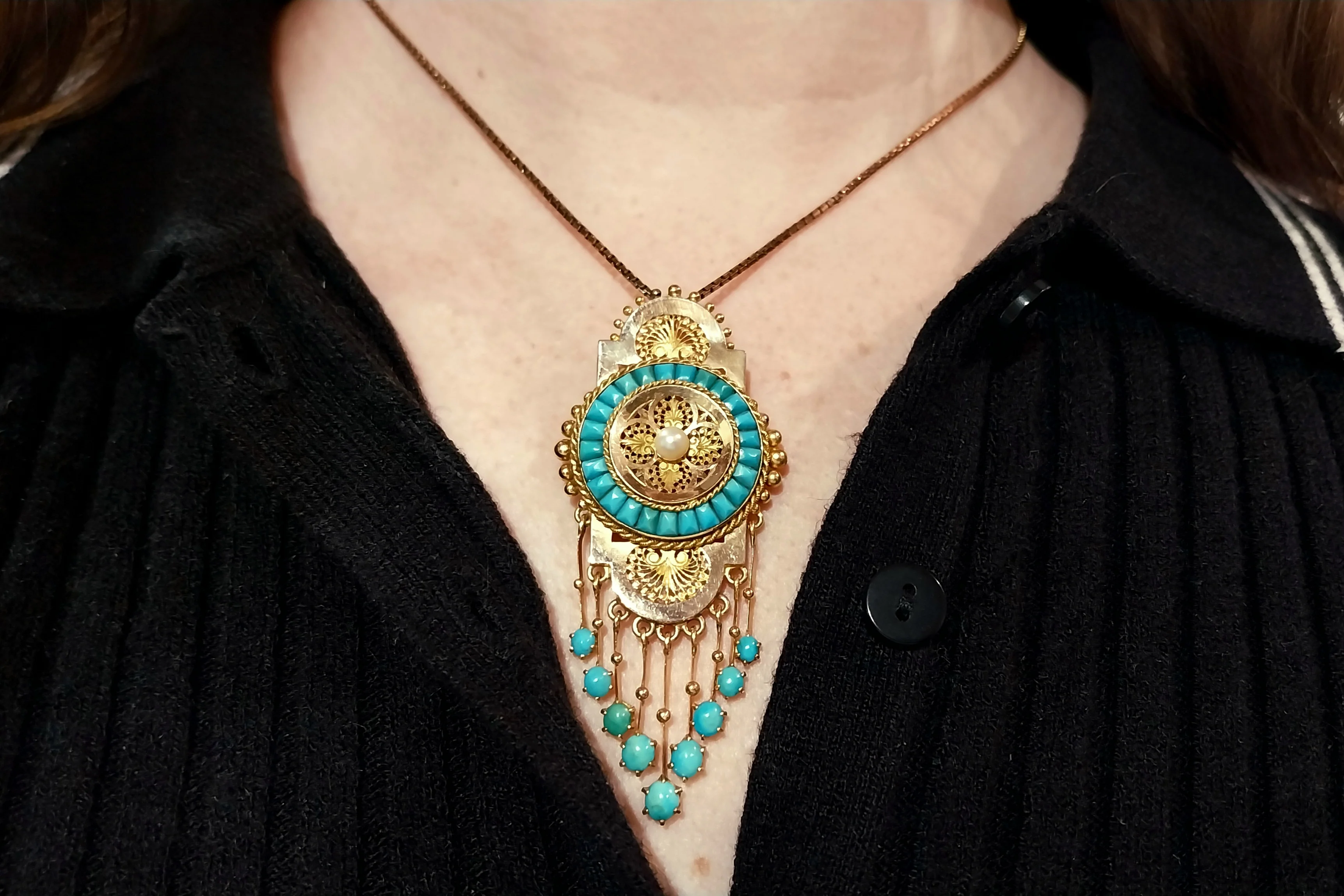 Antique 18 carat gold pendant / brooch with turquoise and a pearl - Image 6