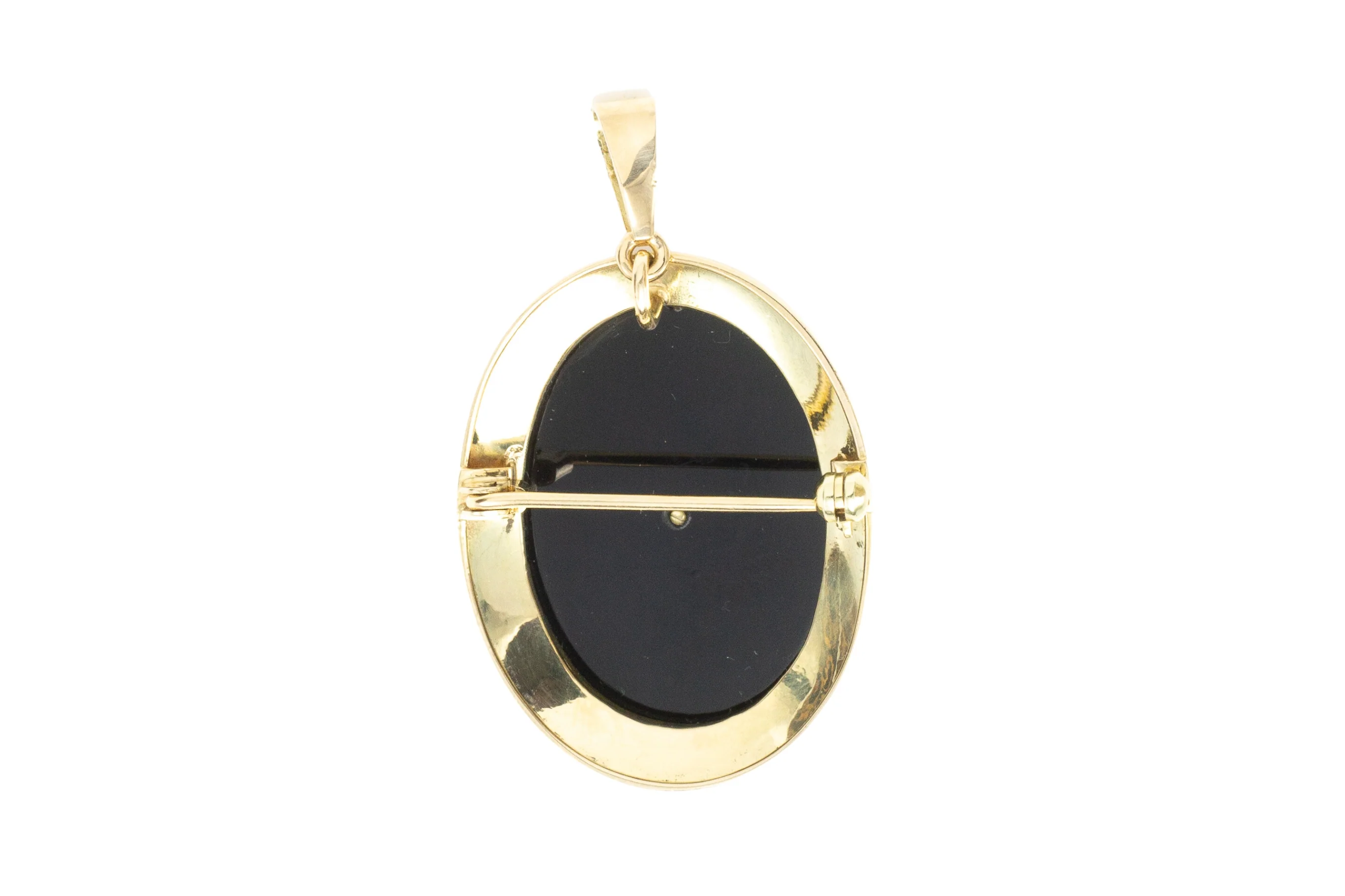 Antique gold pendant or brooch with onyx, a rose diamond and rubies in silver - Image 3