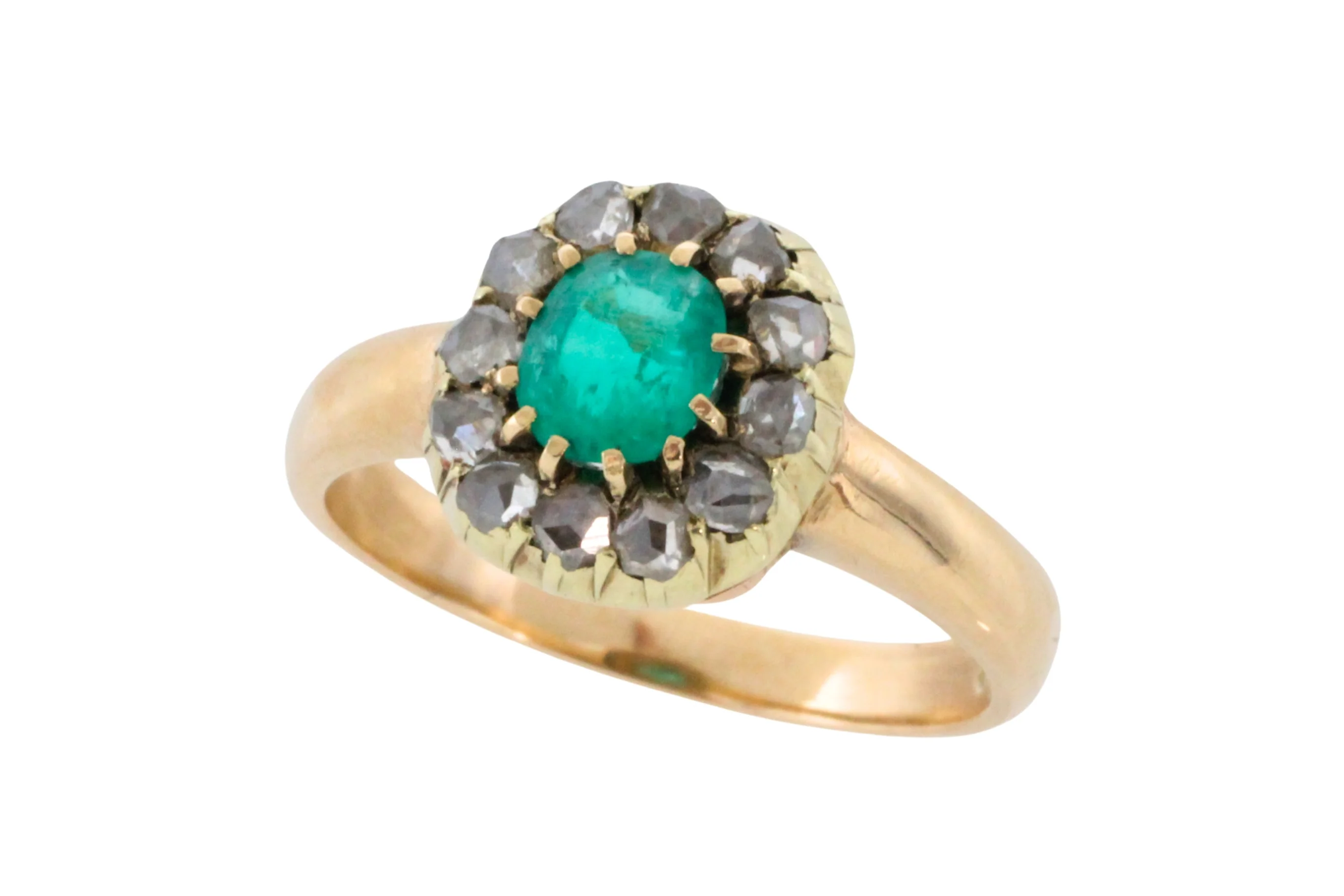 Emerald and rose diamond ring in 14 carat gold - Image 3
