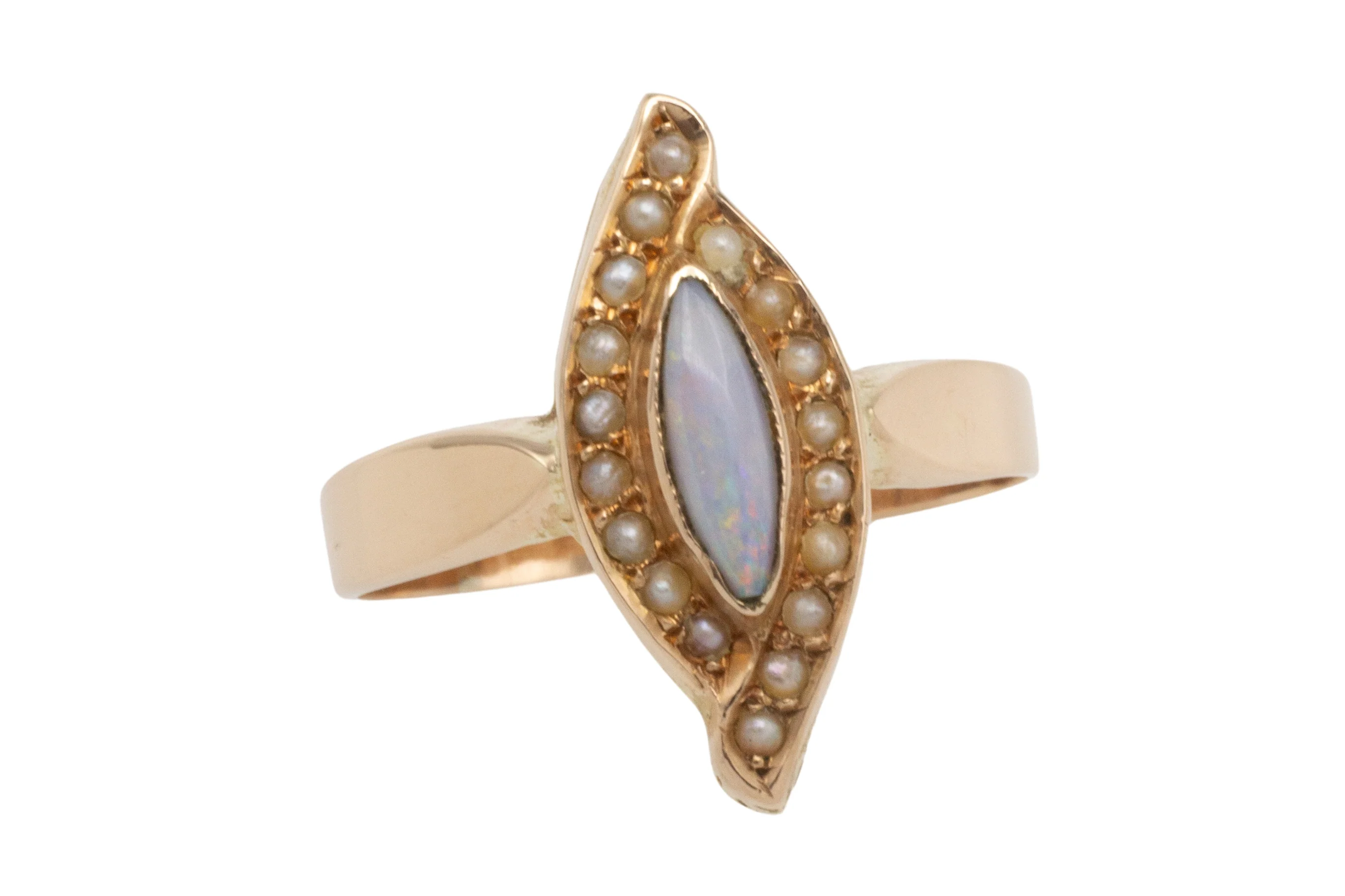 Marquise opal and seed pearl ring in 14 carat gold - Image 3