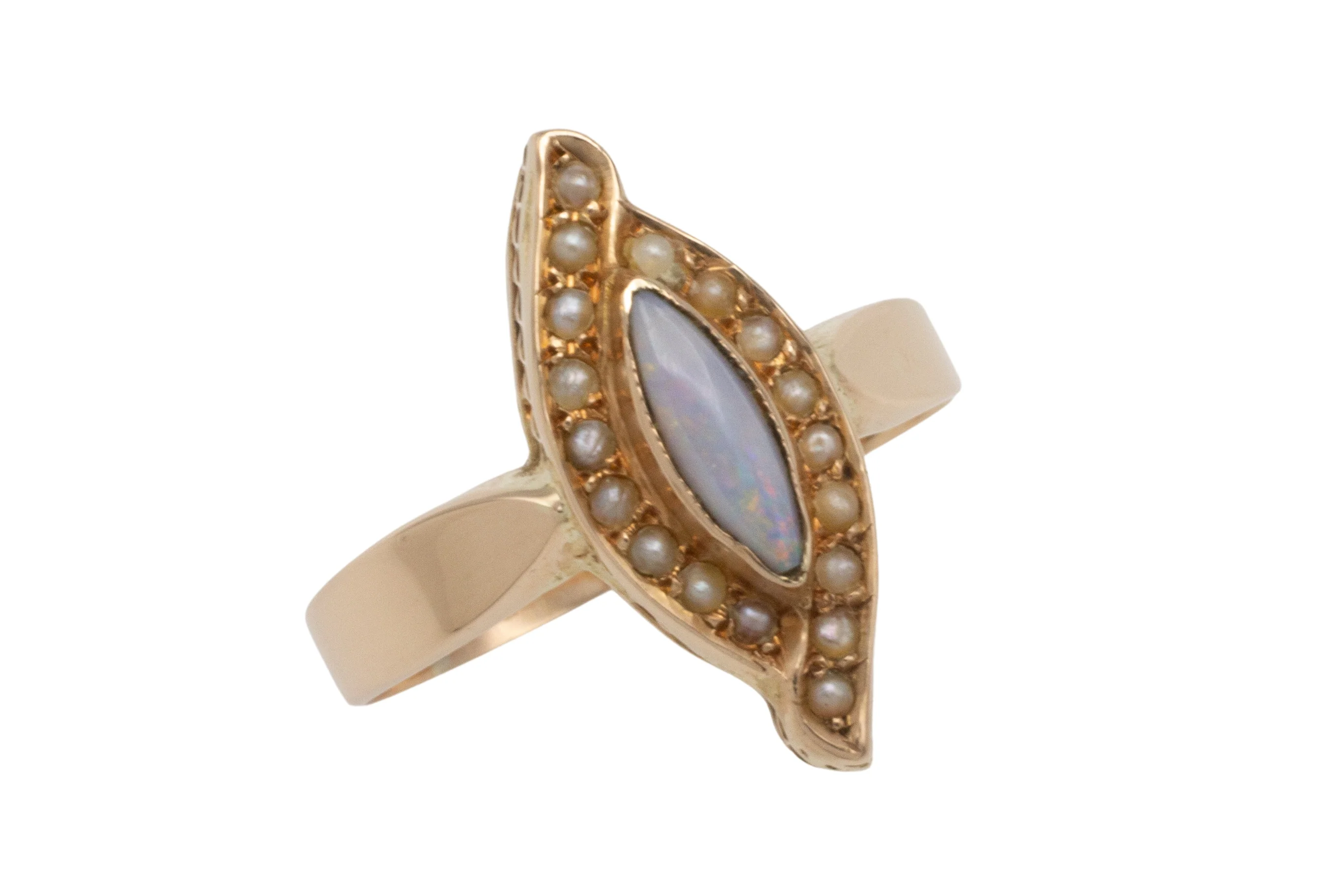 Marquise opal and seed pearl ring in 14 carat gold - Image 4