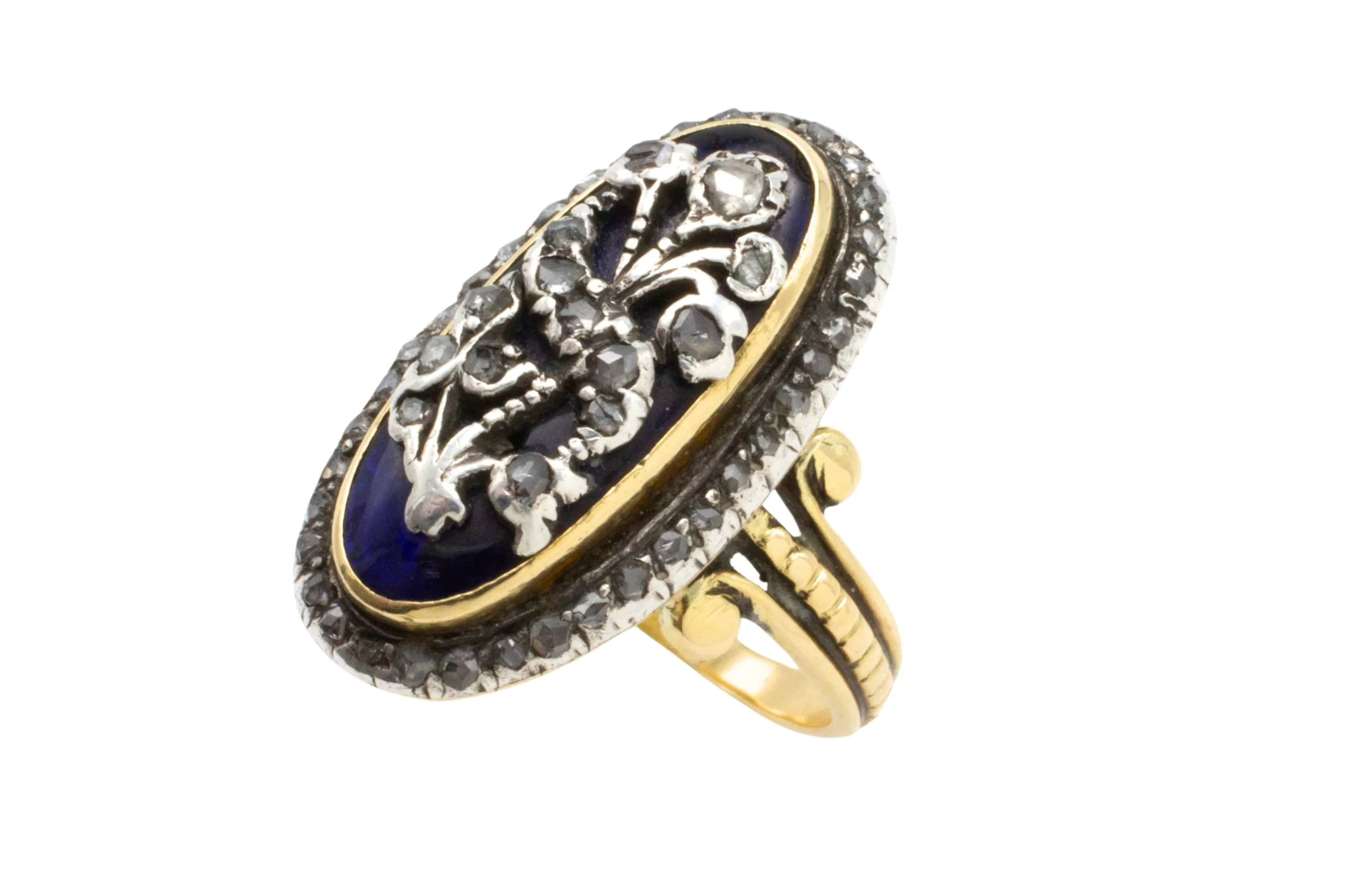 Rose diamond cobolt glass ring in gold and silver - Image 3
