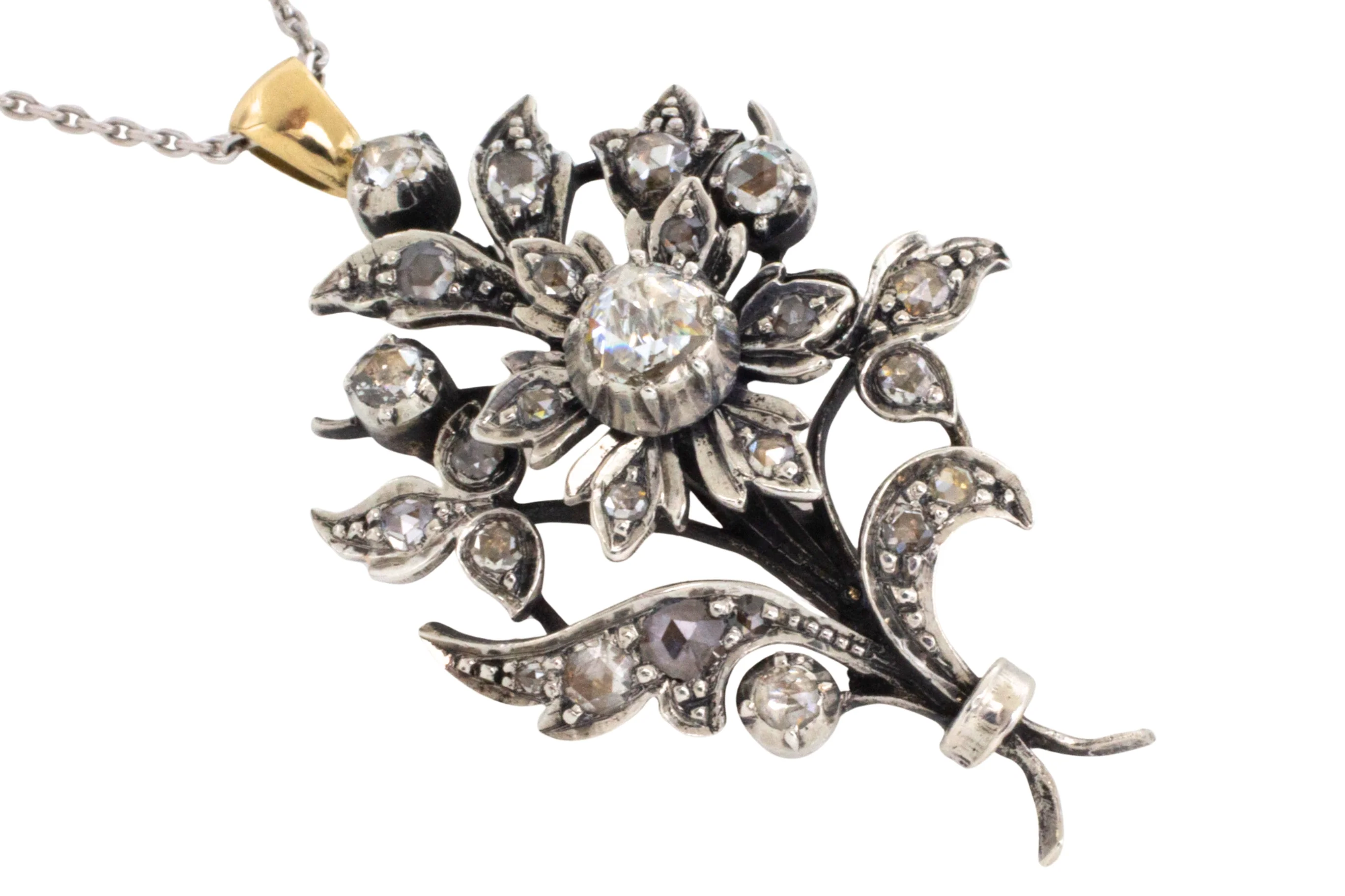 Rose diamond flower pendant in silver and gold