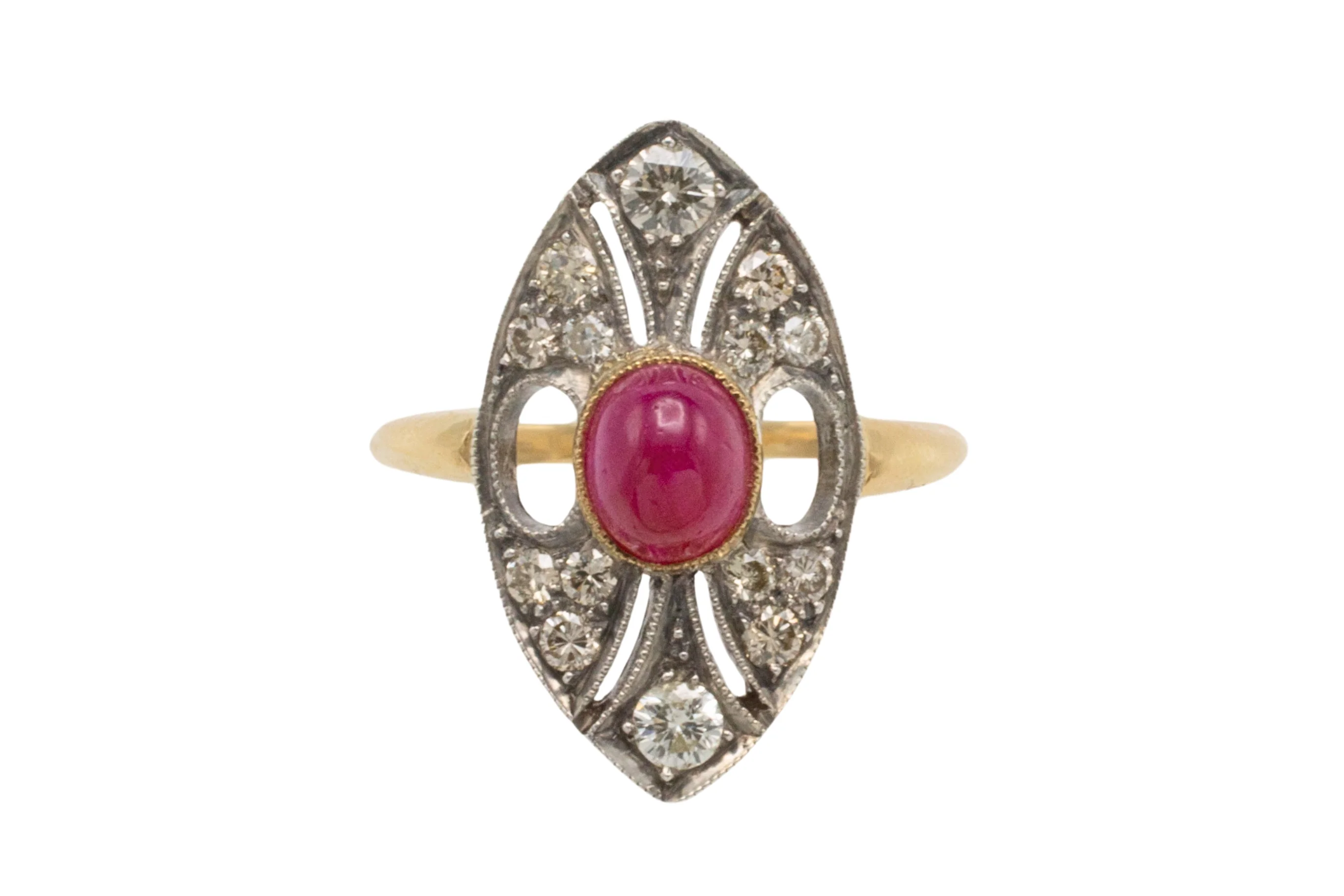 Vintage cabochon ruby and diamond marquise shaped ring