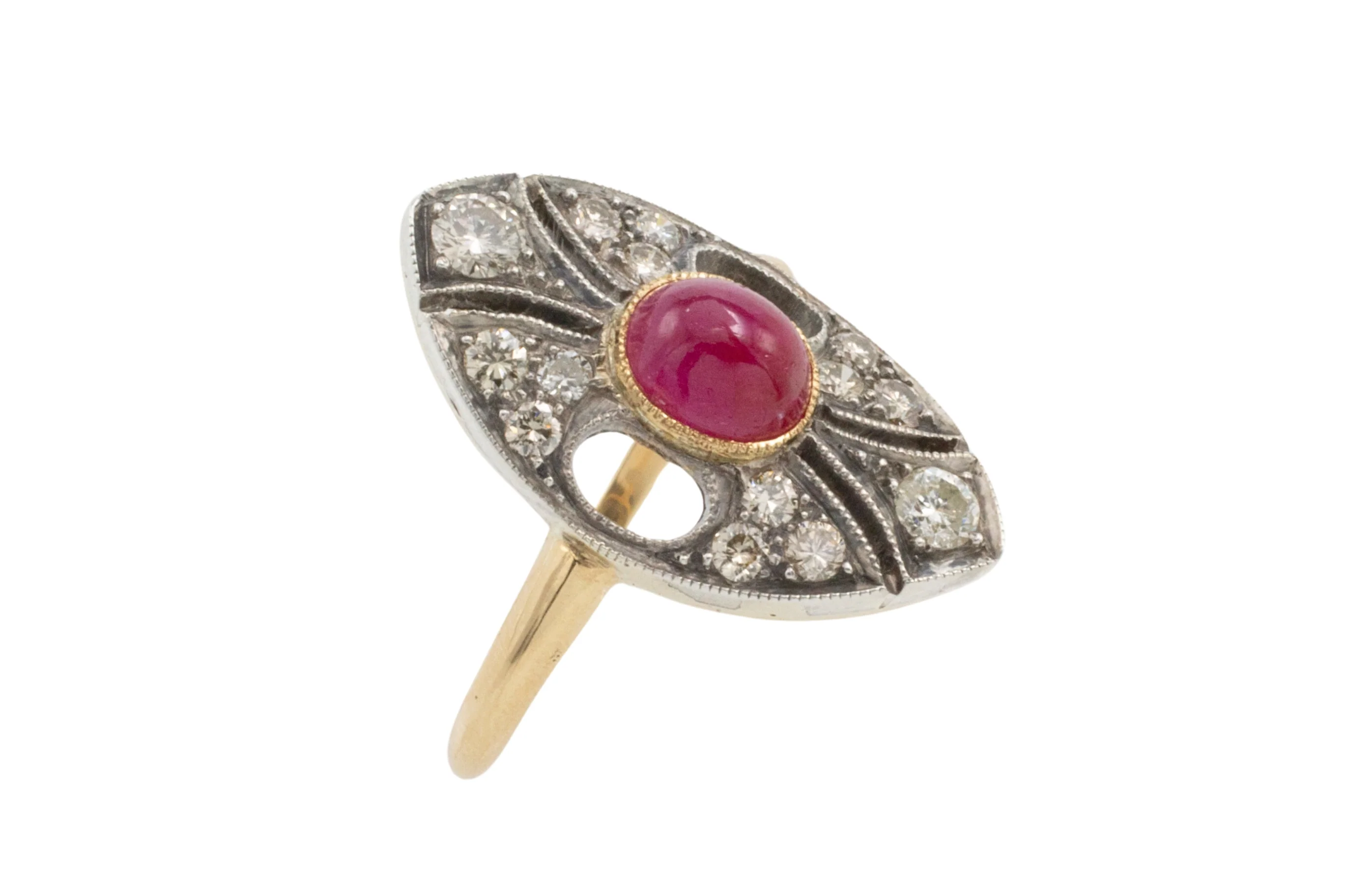Vintage cabochon ruby and diamond marquise shaped ring - Image 3