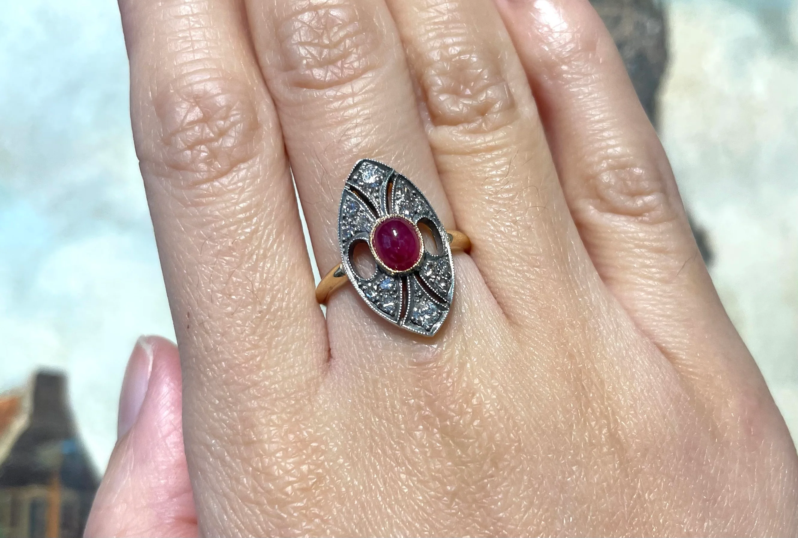 Vintage cabochon ruby and diamond marquise shaped ring - Image 6